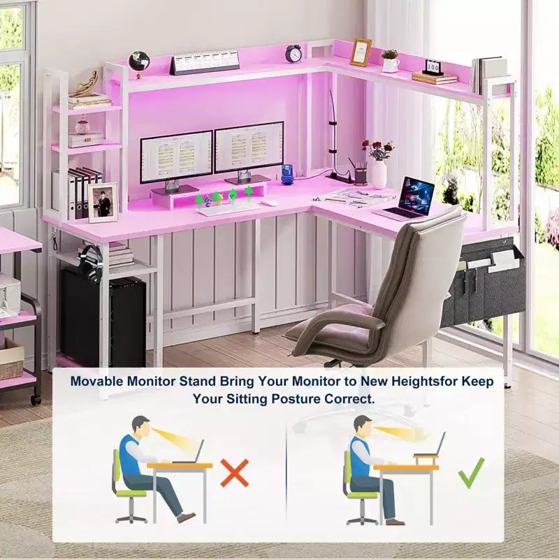 Scrivania angolare a L per computer con libreria e luci a LED