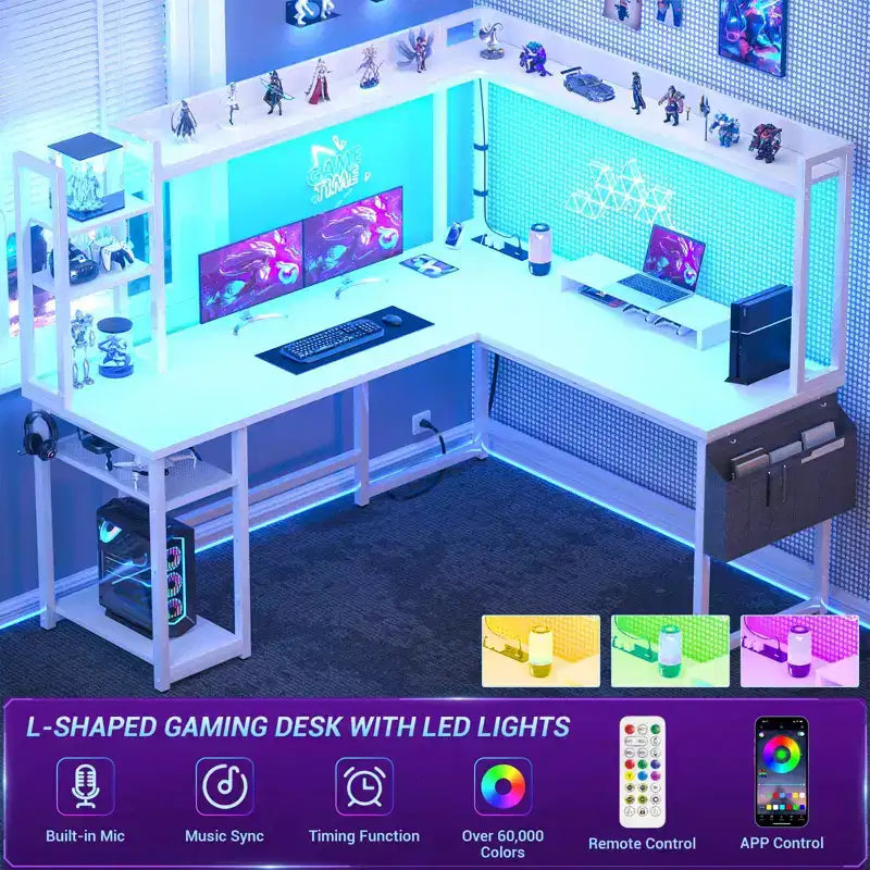 Scrivania angolare a L per computer con libreria e luci a LED