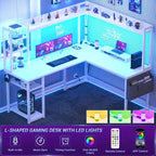 Scrivania angolare a L per computer con libreria e luci a LED