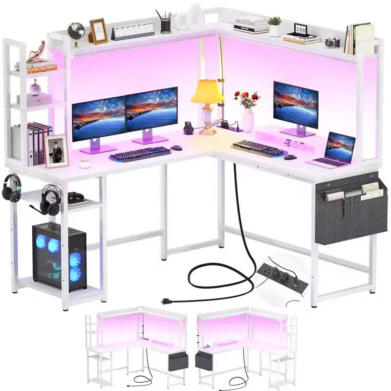 Scrivania angolare a L per computer con libreria e luci a LED