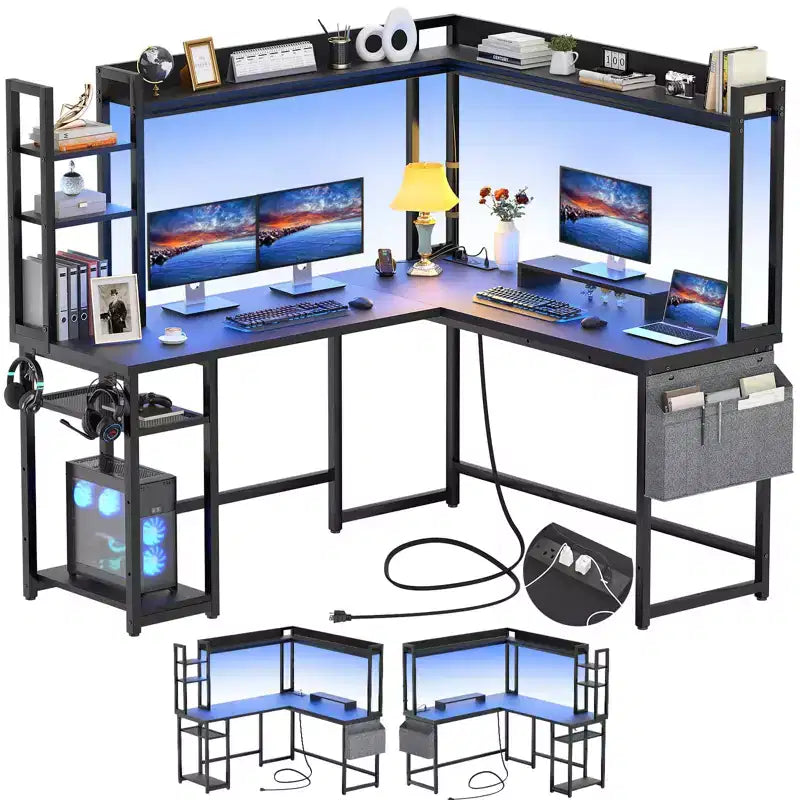 Scrivania angolare a L per computer con libreria e luci a LED
