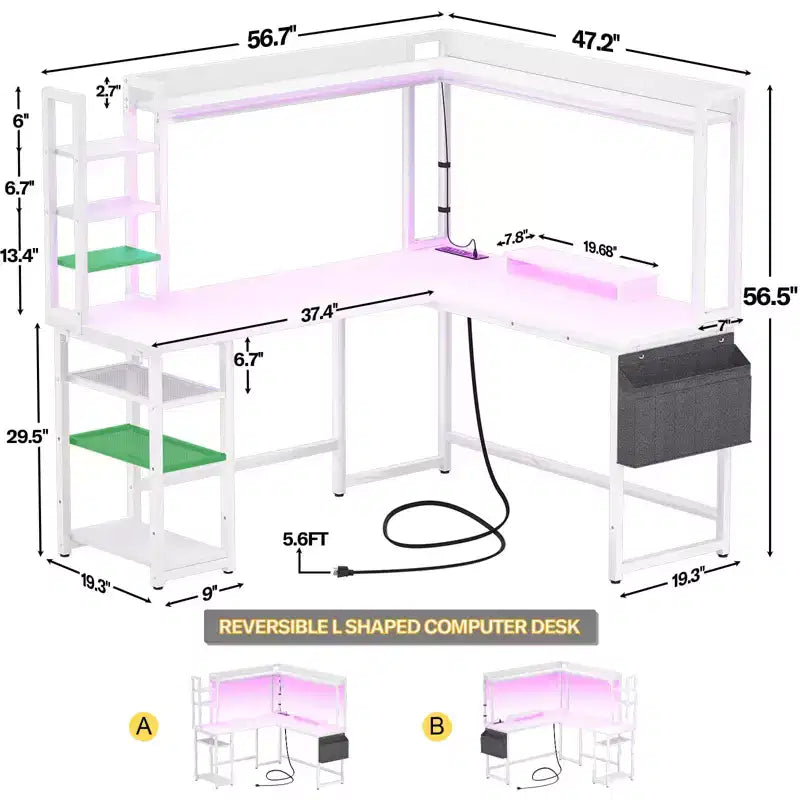 Scrivania angolare a L per computer con libreria e luci a LED