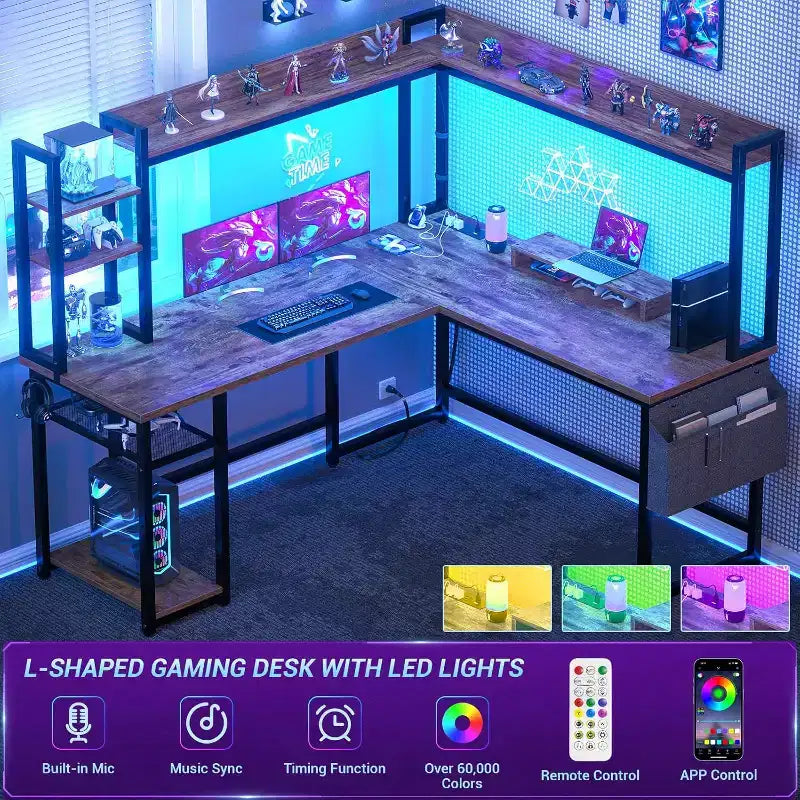 Scrivania angolare a L per computer con libreria e luci a LED