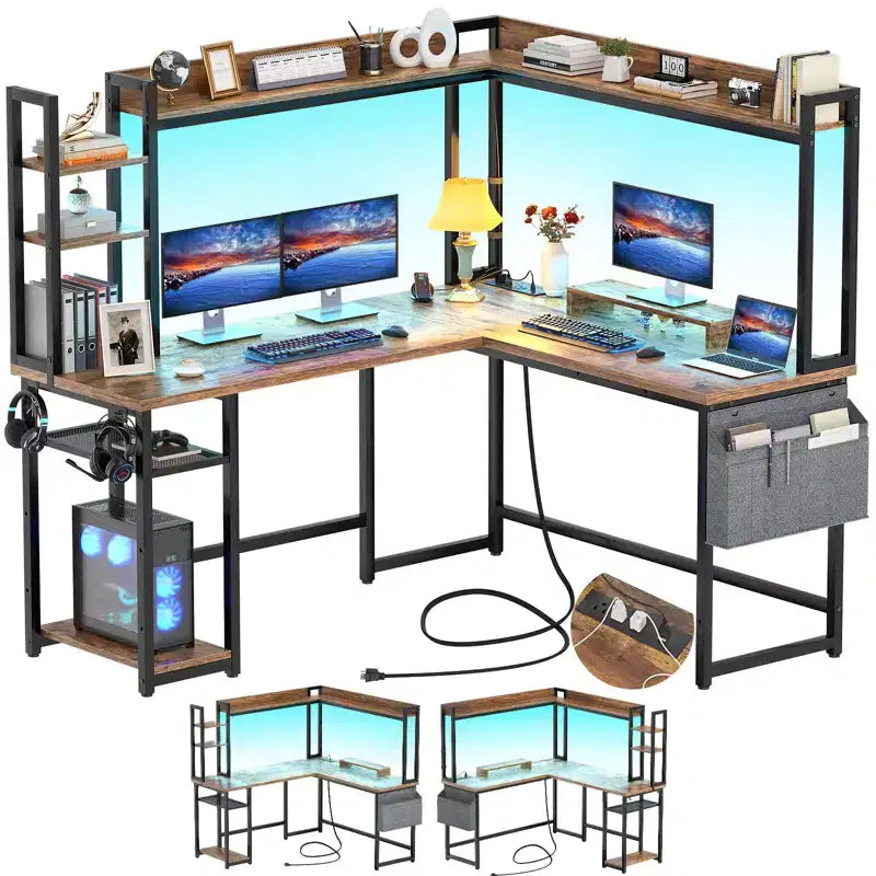Scrivania angolare a L per computer con libreria e luci a LED