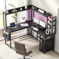 Besiost Corner Computer Desk with Hutch and Led Lights, L-Shaped Desk with Power Outlet