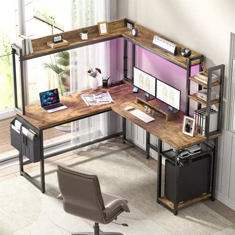 Scrivania angolare a L per computer con libreria e luci a LED