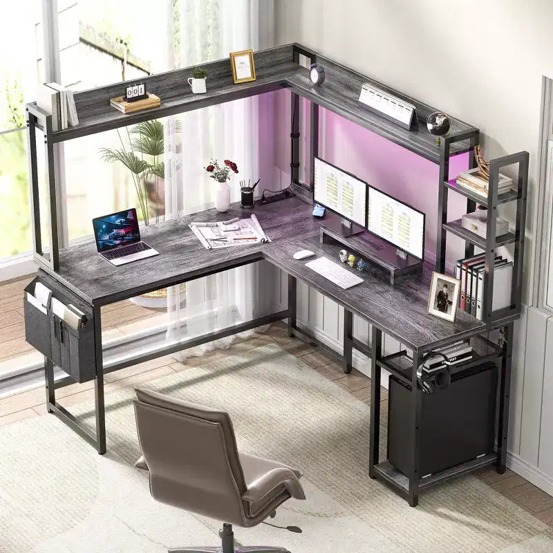 Scrivania angolare a L per computer con libreria e luci a LED