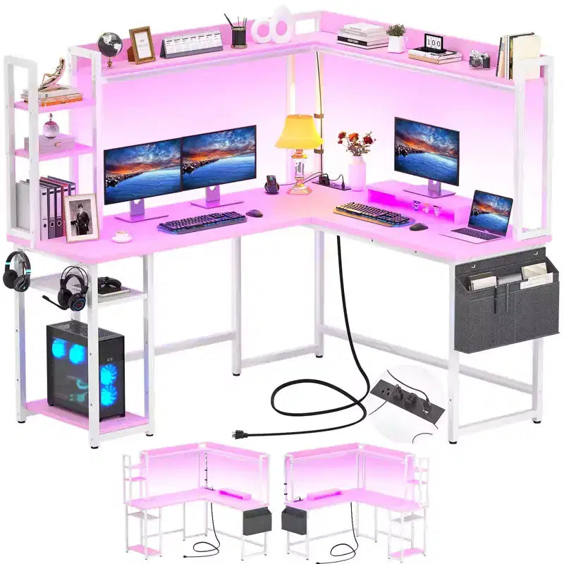 Scrivania angolare a L per computer con libreria e luci a LED