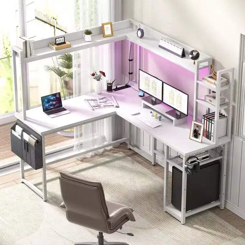 Scrivania angolare a L per computer con libreria e luci a LED