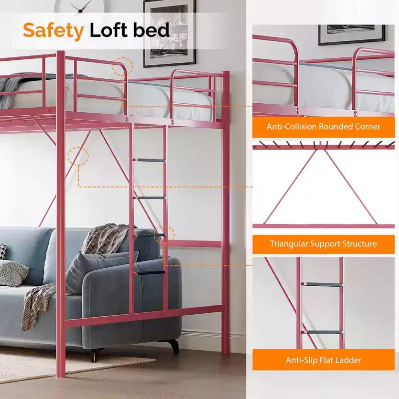 Letto a soppalco in metallo Queen Size con pioli piatti – Rosa