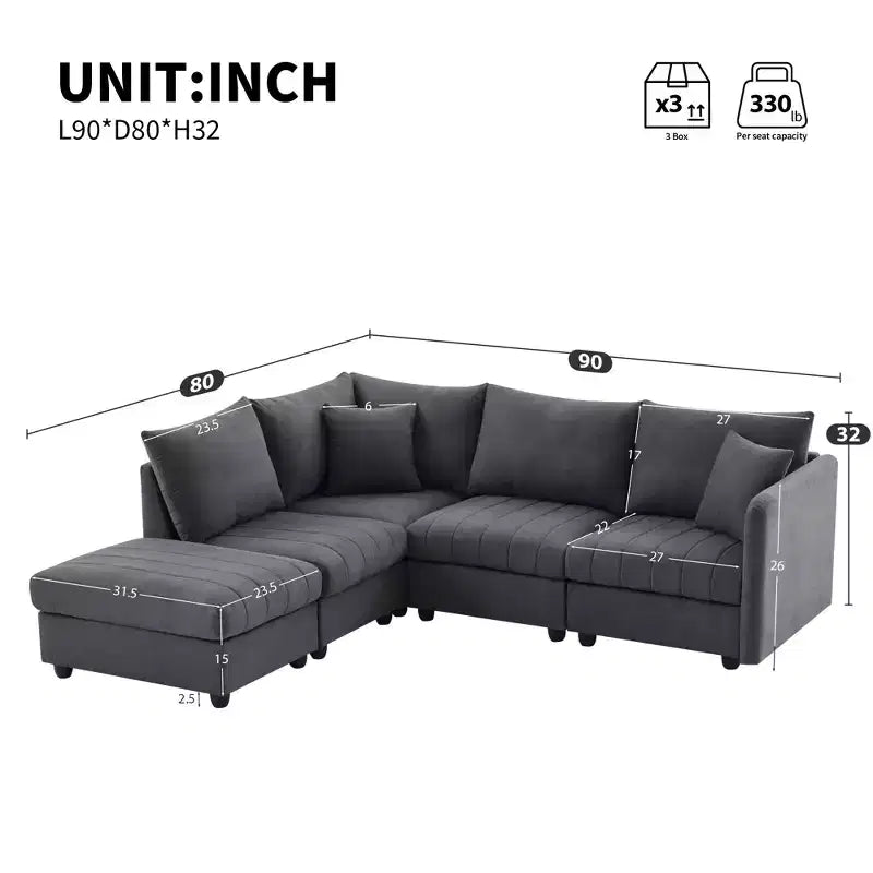 Divano componibile a L a 5 posti con pouf mobile, 90" x 80"