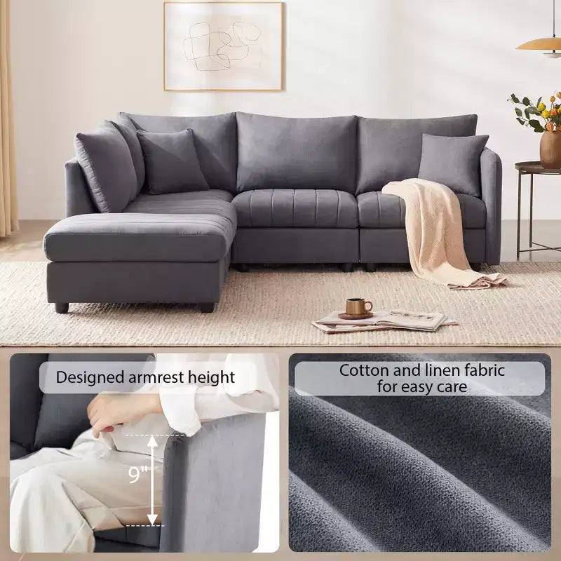 Divano componibile a L a 5 posti con pouf mobile, 90" x 80"