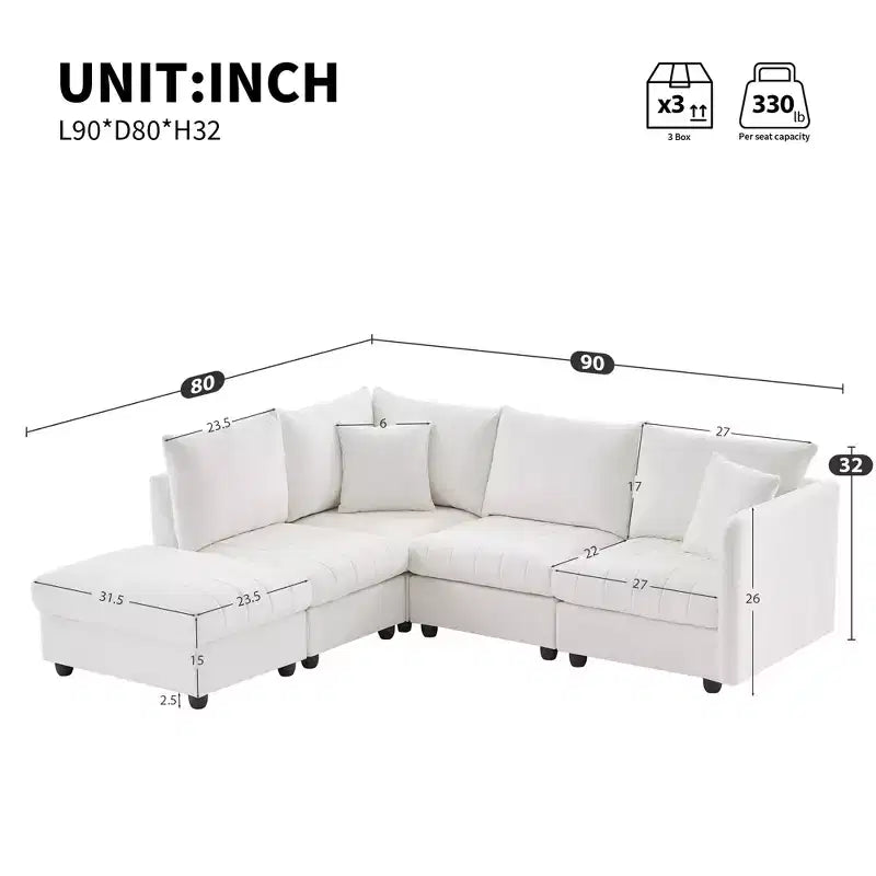 Divano componibile a L a 5 posti con pouf mobile, 90" x 80"