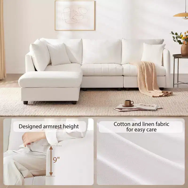 Divano componibile a L a 5 posti con pouf mobile, 90" x 80"