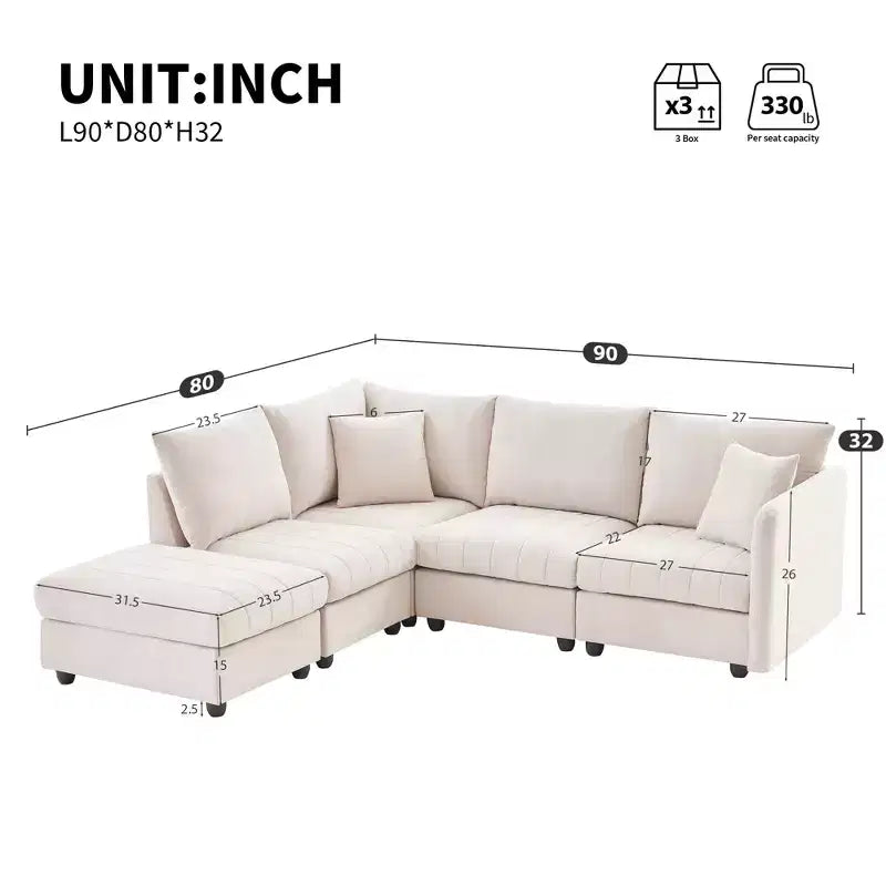 Divano componibile a L a 5 posti con pouf mobile, 90" x 80"