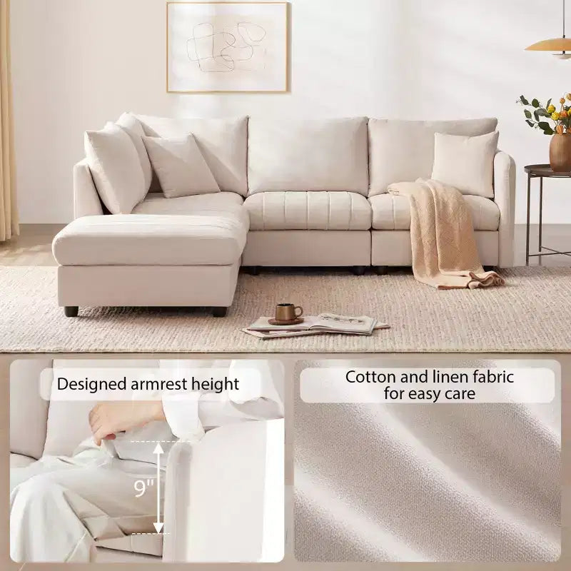 Divano componibile a L a 5 posti con pouf mobile, 90" x 80"