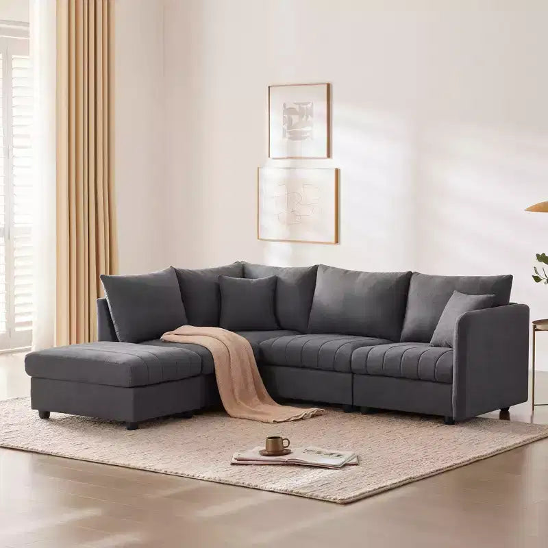 Divano componibile a L a 5 posti con pouf mobile, 90" x 80"