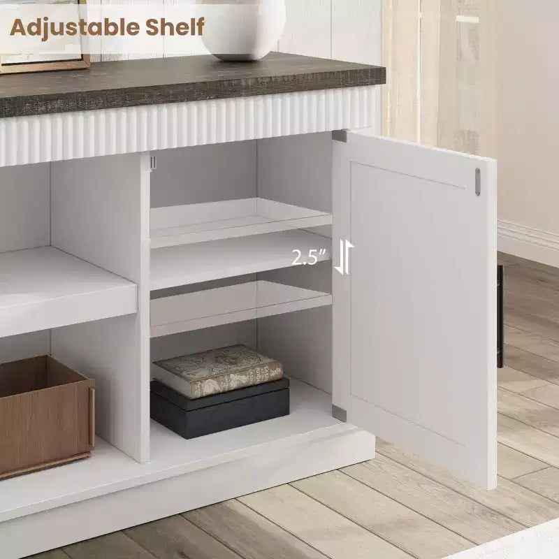 Mobile TV con ante scanalate e ripiano a giorno, adatto a TV fino a 70 pollici, larghezza 65 pollici