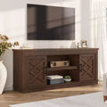 Rustic TV Stand, a simple grooved entertainment center with two doors and open shelves, suitable as a side table for living rooms and bedrooms.