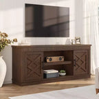 Rustic TV Stand, a simple grooved entertainment center with two doors and open shelves, suitable as a side table for living rooms and bedrooms.