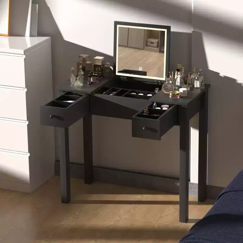 Vanity Desk with Lighted Mirror, Makeup Vanity Table with 2 Drawers, Adjustable Jewelry Storage Compartment