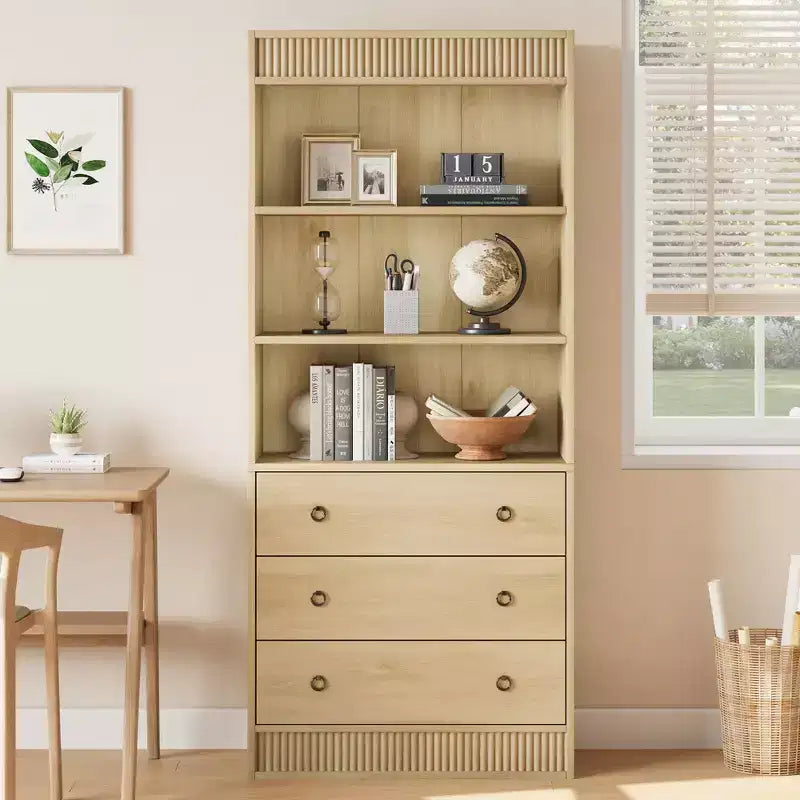 Libreria Scanalata con 3 Cassetti – Scaffale Alto 180 cm con Design Ondulato