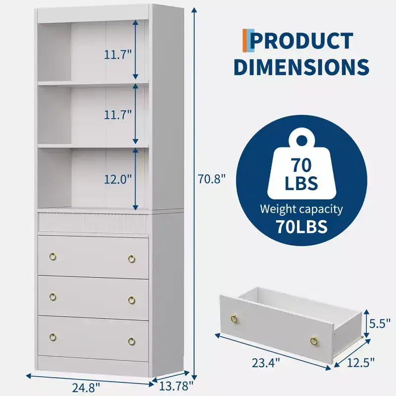 Libreria Scanalata con 3 Cassetti – Scaffale Alto 180 cm con Design Ondulato