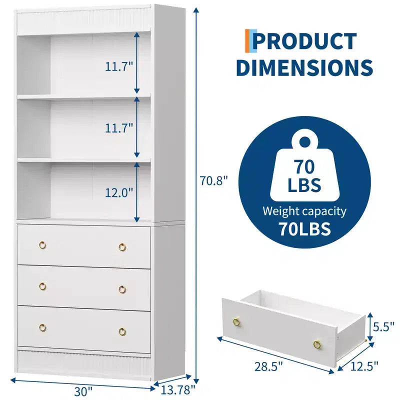 Libreria Scanalata con 3 Cassetti – Scaffale Alto 180 cm con Design Ondulato