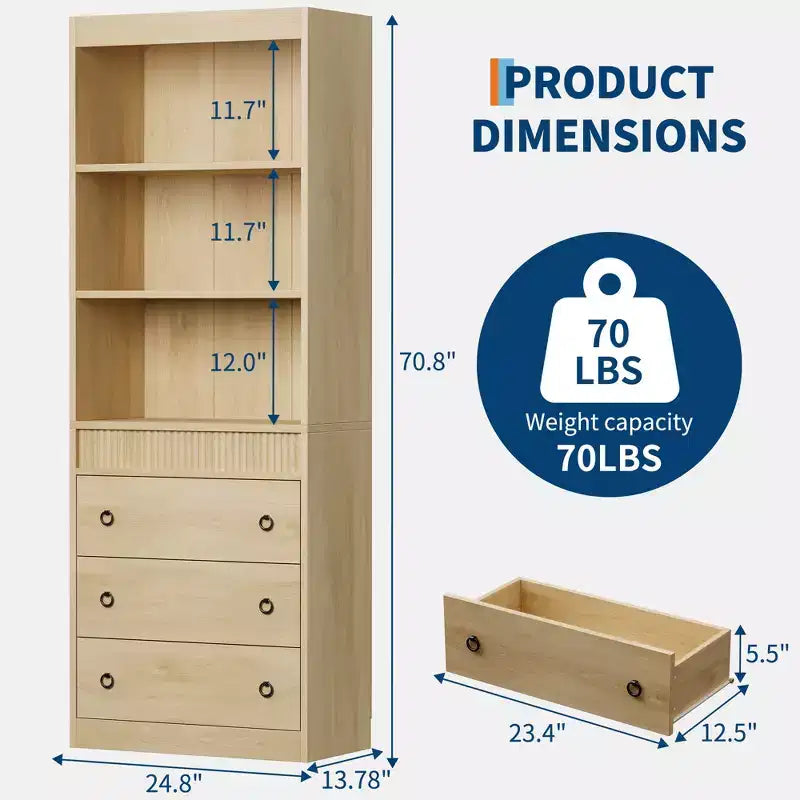 Libreria Scanalata con 3 Cassetti – Scaffale Alto 180 cm con Design Ondulato