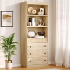 Garvee Fluted Bookshelf 70.8 Bookcase with 3 Drawers, Tall Bookshelf with Waved Design Light Wood 31.5 Wide