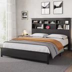 Bed Frame with Bookcase Headboard, Integrated Type-C & USB Charging Station, Under Bed Storage, 700LB Capacity, No Box Spring Needed, Black