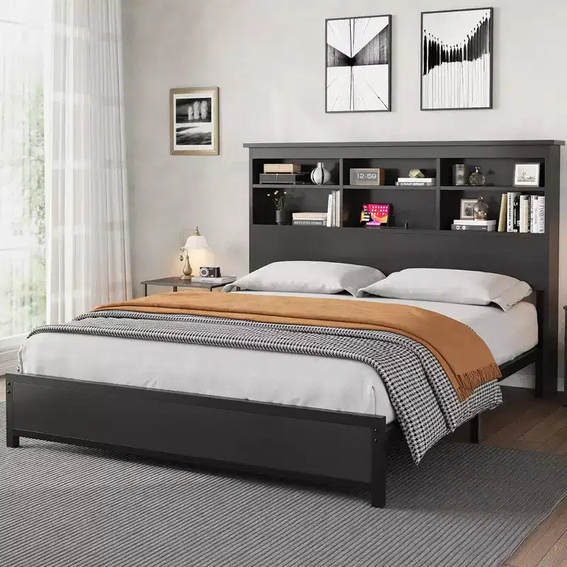 Bed Frame with Bookcase Headboard, Integrated Type-C & USB Charging Station, Under Bed Storage, 700LB Capacity, No Box Spring Needed, Black