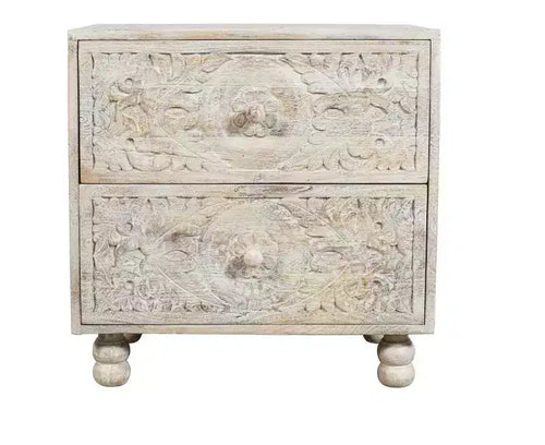 HomeRoots 24 Natural And White Solid Wood Distressed Carved Scrollwork Two Drawer Nightstand