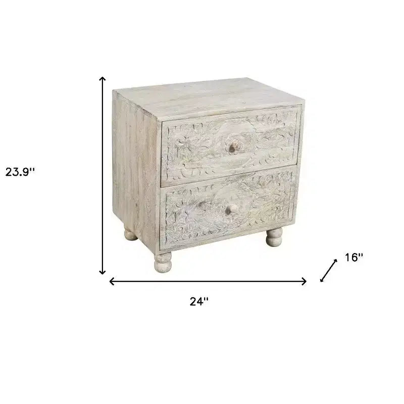 Comodino a due cassetti in legno massello di mango sbiancato da 60 cm