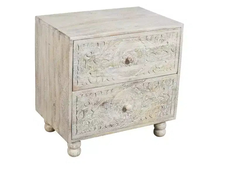 Comodino a due cassetti in legno massello di mango sbiancato da 60 cm