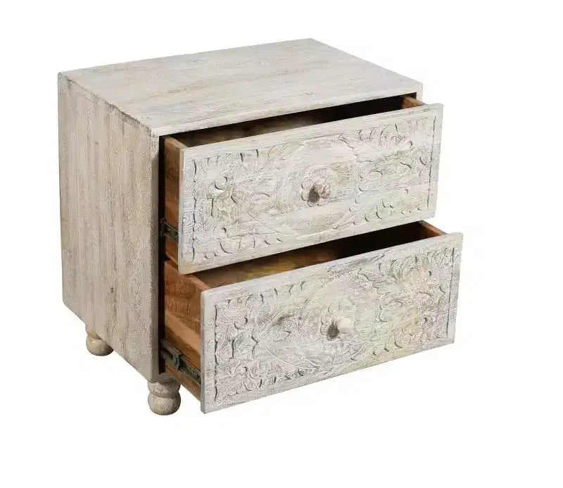 Comodino a due cassetti in legno massello di mango sbiancato da 60 cm