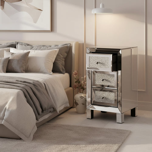 VINGLI 3-Drawer Mirrored Nightstand Bedside Table Glass Accent End Table, Fully Assembled, Silver