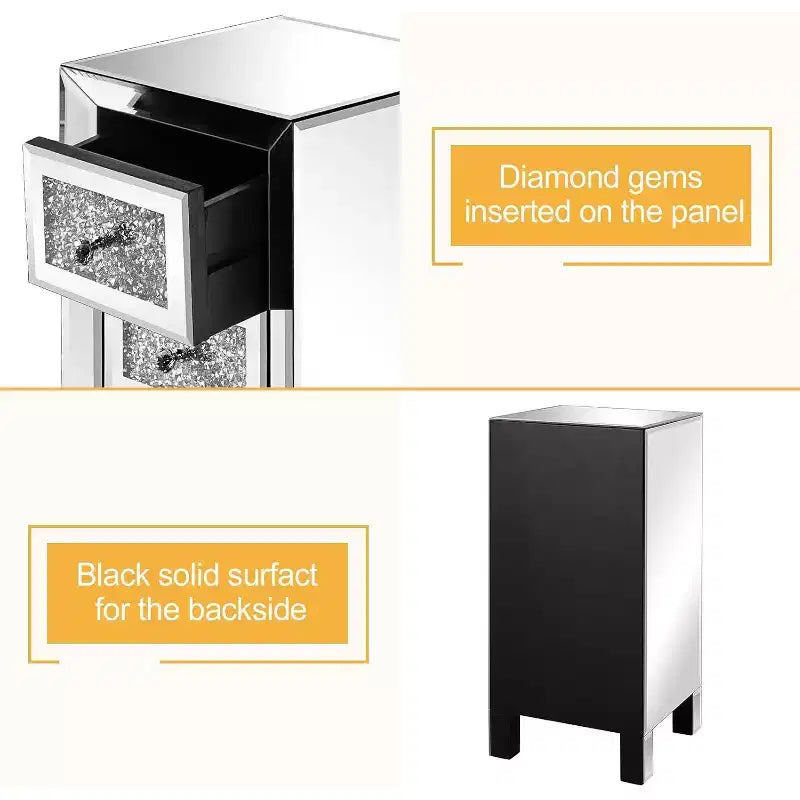 Comodino a specchio a 3 cassetti con pomelli in cristallo – Completamente assemblato, Argento