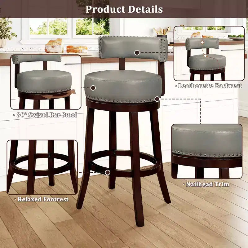 Sgabello da bar girevole da 30 pollici con borchie decorative, set da 2