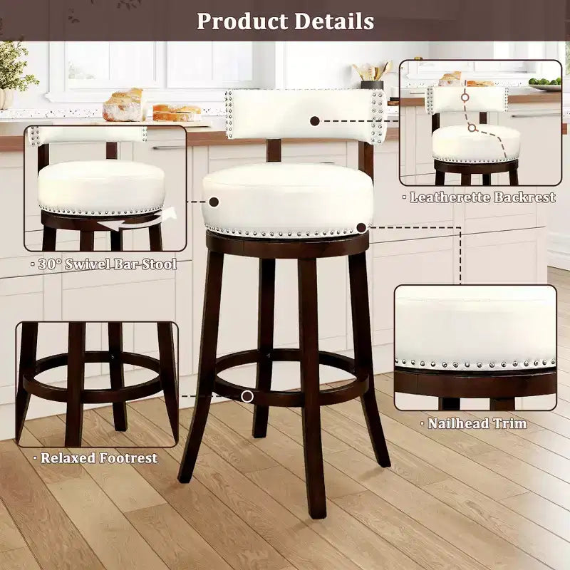 Sgabello da bar girevole da 30 pollici con borchie decorative, set da 2