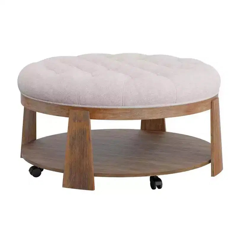 Tavolino da caffè rotondo in stile ottomano – Lino beige capitonné, struttura in legno marrone