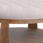 Tavolino da caffè rotondo in stile ottomano – Lino beige capitonné, struttura in legno marrone