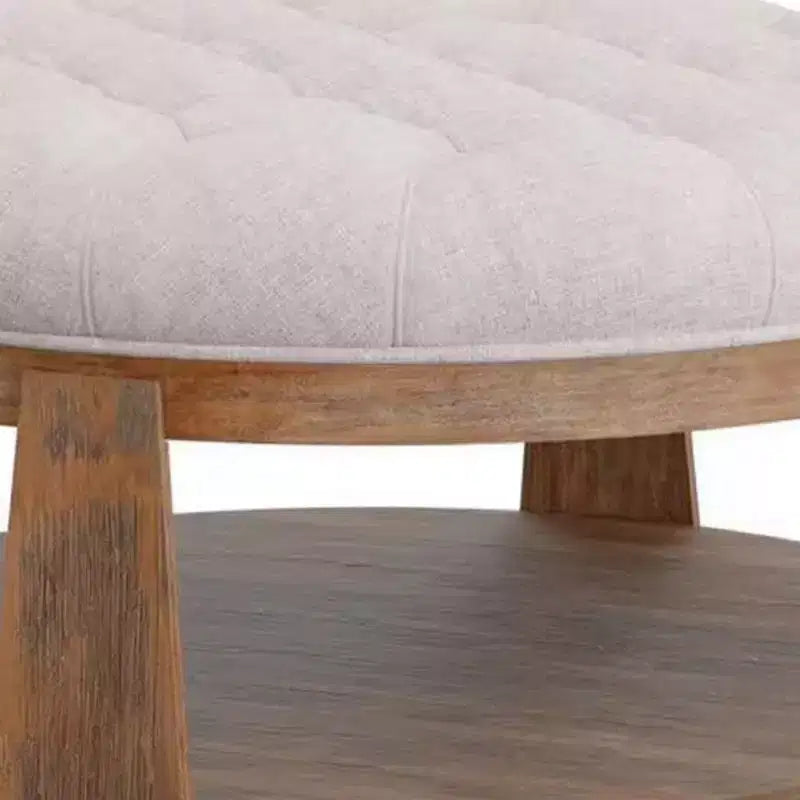 Tavolino da caffè rotondo in stile ottomano – Lino beige capitonné, struttura in legno marrone