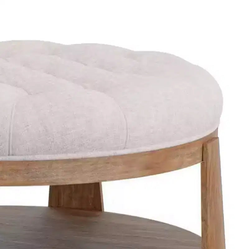 Tavolino da caffè rotondo in stile ottomano – Lino beige capitonné, struttura in legno marrone