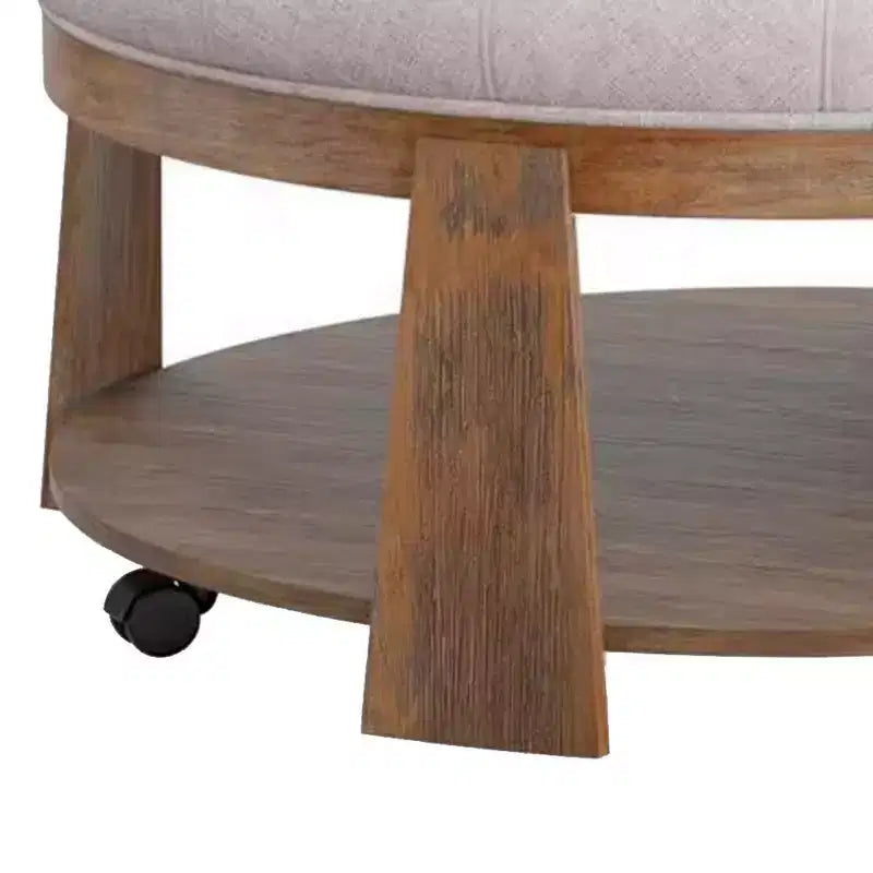 Tavolino da caffè rotondo in stile ottomano – Lino beige capitonné, struttura in legno marrone