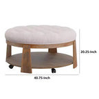 Tavolino da caffè rotondo in stile ottomano – Lino beige capitonné, struttura in legno marrone