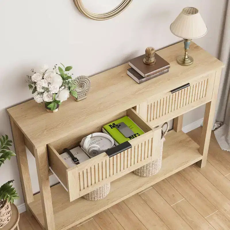 Tavolo Consolle con 2 Cassetti e Ripiano – Tavolino Stretto da Ingresso da 110 cm