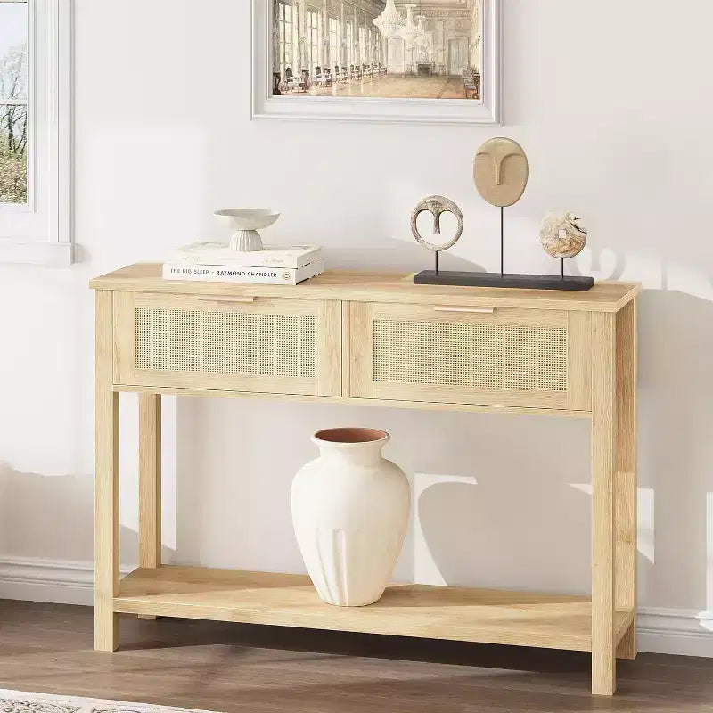 Tavolo Consolle in Rattan da 43" con 2 Cassetti e Ripiano Aperto