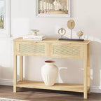 Tavolo Consolle in Rattan da 43" con 2 Cassetti e Ripiano Aperto
