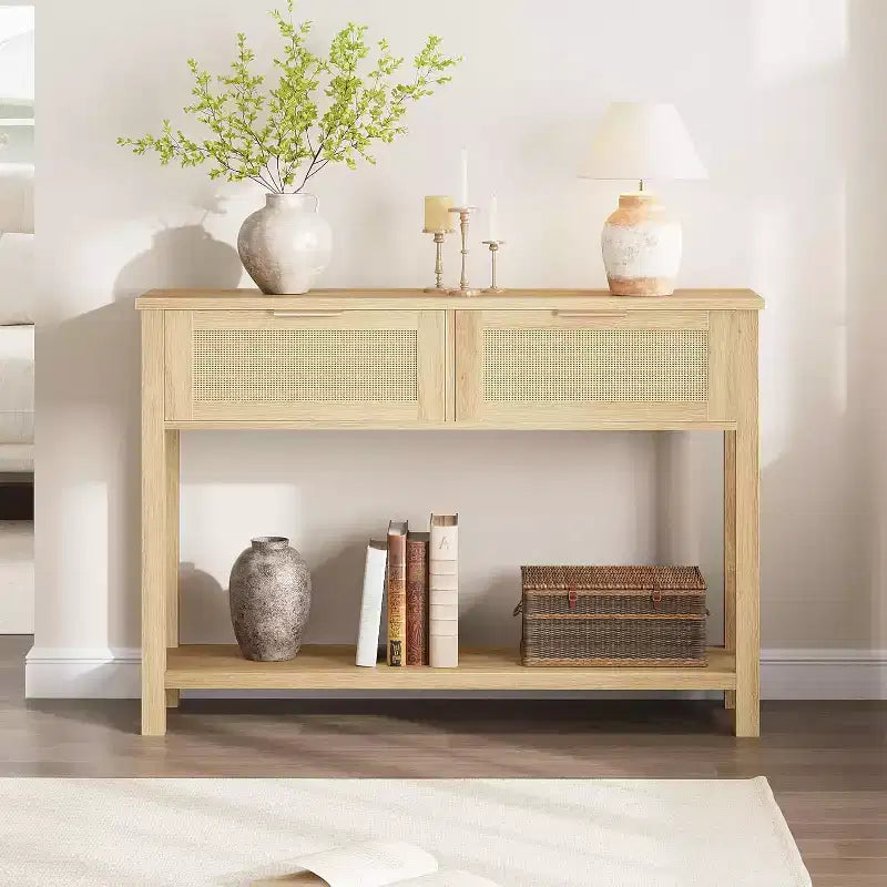 Tavolo Consolle in Rattan da 43" con 2 Cassetti e Ripiano Aperto